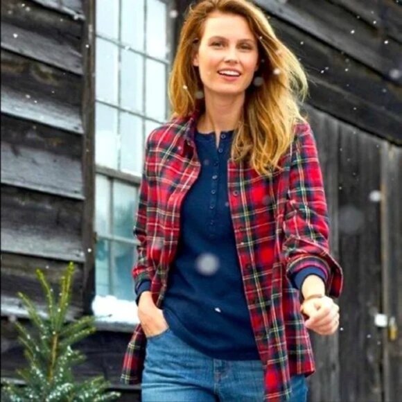 LL Bean Womens Plus 1X Scotch Plaid Relaxed Fit Button Up Flannel Shirt - Picture 1 of 8